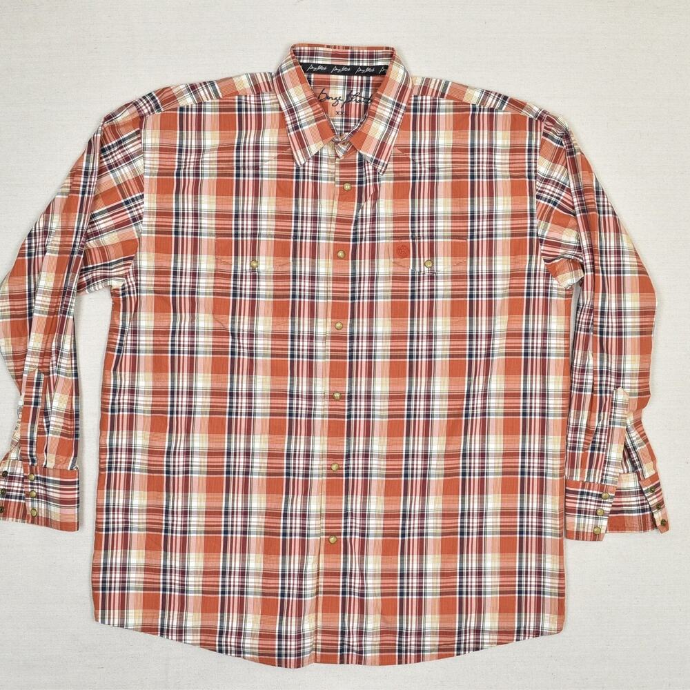 George Strait Men's Pearl Snap Shirt Plaid Long Sleeve Cotton Orange Size 2XL